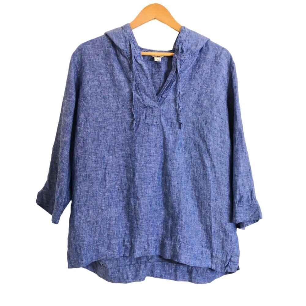 L.L. Bean 100% Linen‎ Hooded Pullover Top Blue Heather Size L